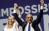 French far-right presidential candidate Eric Zemmour, right, holds Marion Marechal's hand as he arrives on stage during a campaign rally in Toulon, southern France, Sunday, March 6, 2022. Marion Marechal appeared at Zemmour's rally, sealing her decision to break with her aunt Marine Le Pen, head of the far-right National Rally, a leading candidate in April 10 and 24 elections. (AP Photo/Jean-Francois Badias)/TOU116/22065634303669//2203061839