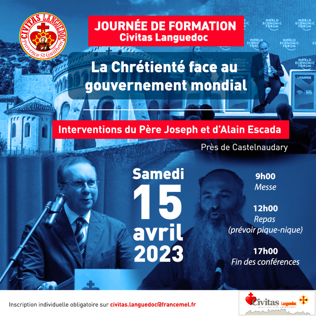 Affiche de la journée de formation organisée par Civitas Languedoc avec le Père Joseph et Alain Escada