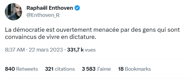 Le tweet de Raphaël Enthoven prenant la défense de Macron