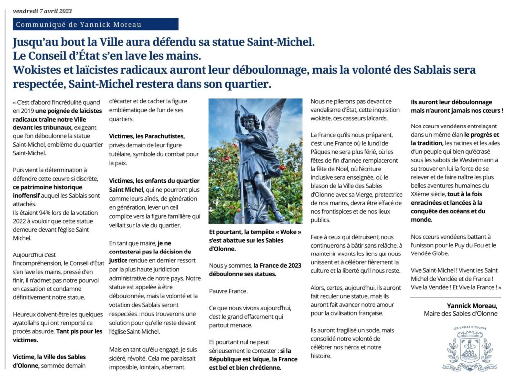 Le Communiqué complet de Yannick Moreau, Maire des Sables d'Olonnes
