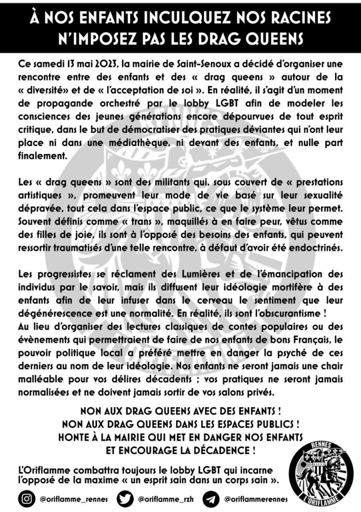 Le tract distribué par les militants du mouvement L'Oriflamme