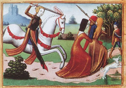 Sainte Jeanne d'Arc chasse les prostituées de l'armée. Miniature issue du manuscrit de Martial d'Auvergne, Les Vigiles de Charles VII, vers 1484