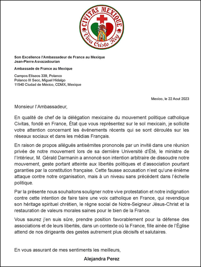 Lettre du chef de la délégation Civitas du Mexique à l'ambassadeur de France à Mexico City, le vingt-deux août 2023