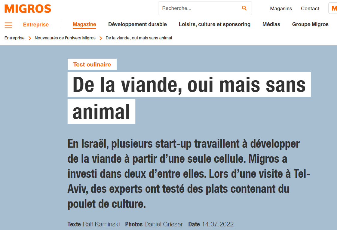 Migros partenaire d'une société israélienne pour vendre de la fausse viande en Suisse