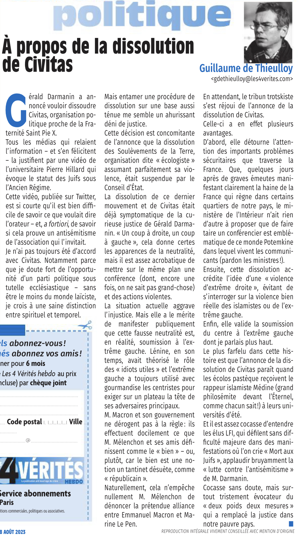 Thieulloy sur la demande de dissolution de Civitas