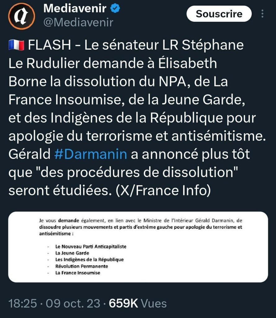 Demande de dissolution de LFI et NPA pour antisémitisme et apologie du terrorisme