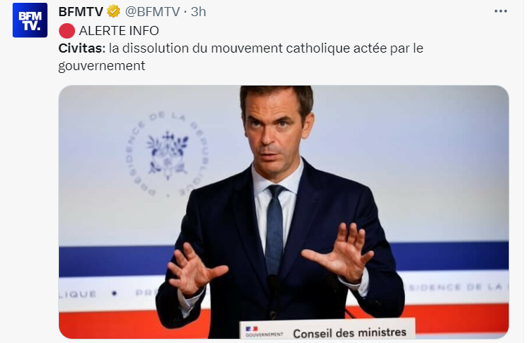 Dissolution du mouvement catholique Civitas, selon BFMTV