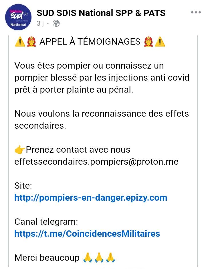 Pompiers ; appel à témoignages suite aux effets secondaires
