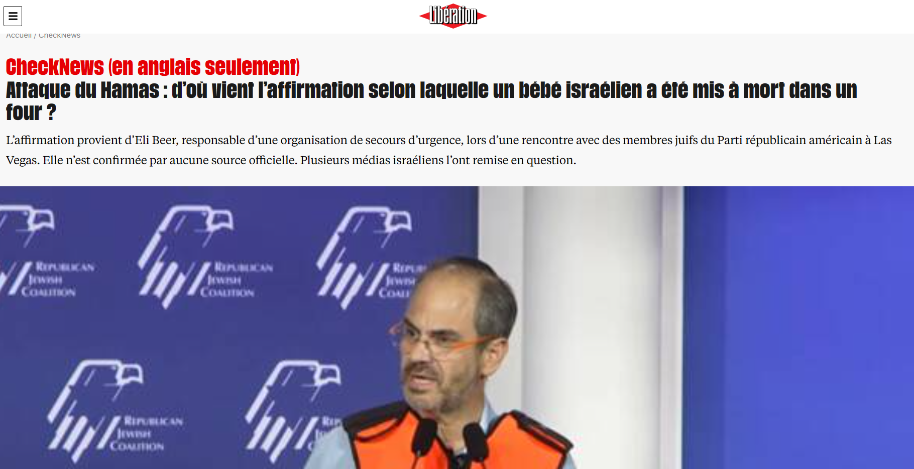 Mensonge du bébé israélien mis à mort dans un four par le Hamas, Libération avoue la manipulation