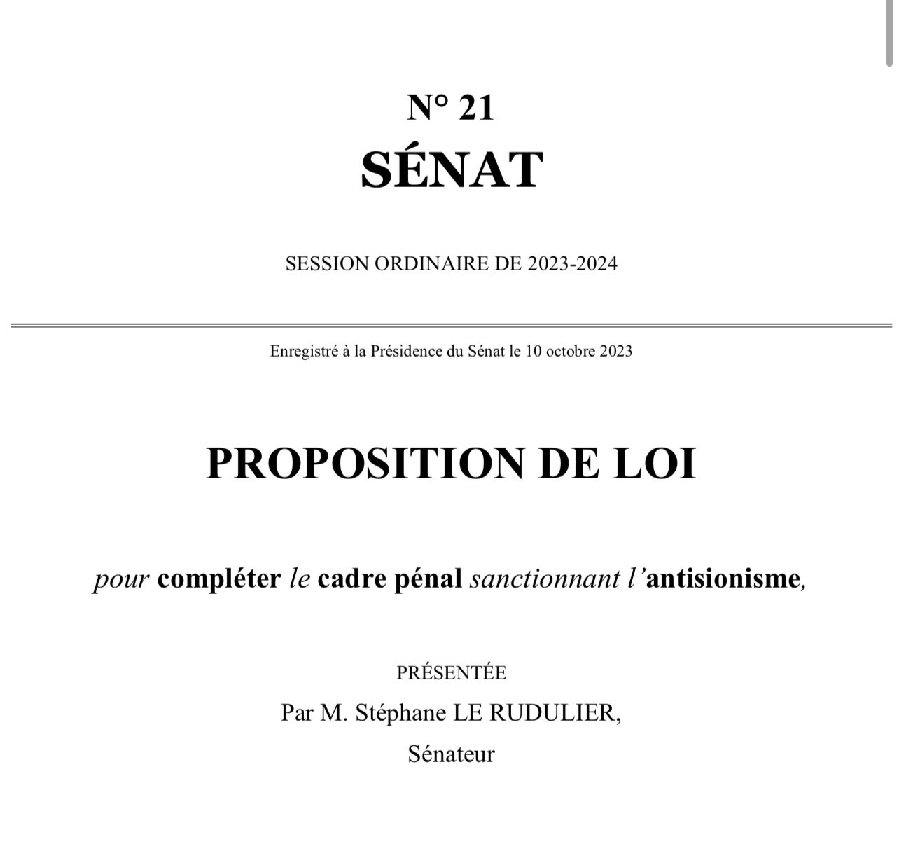 Proposition de loi sanctionnant l'antisionisme